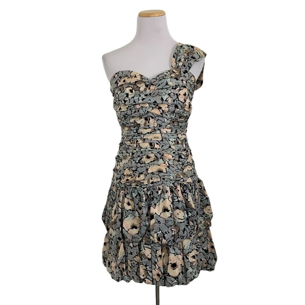 Vintage Y2K Nicole Miller 100% Silk Bubble Hem One Shoulder Floral Mini Dress